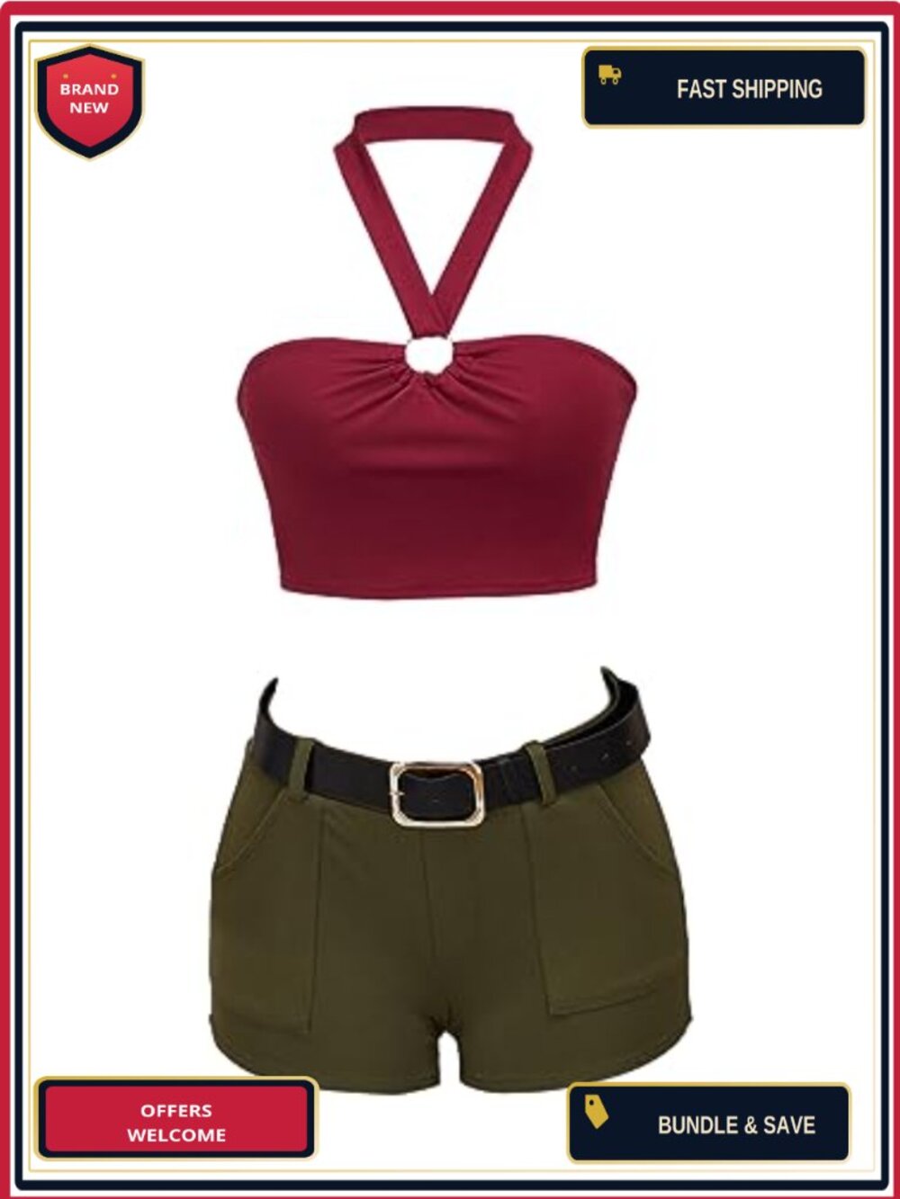 Sexy Halterneck Crop Top and Mini Shorts Set with Belt Cosplay Costume